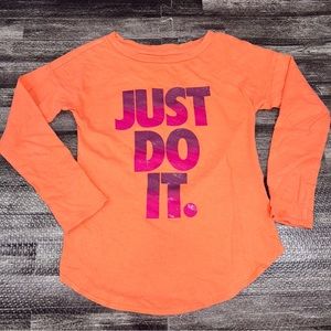 Girls Size 5 Nike long sleeve “Just Do It” Long Sleeve Shirt Orange 100% Cotton